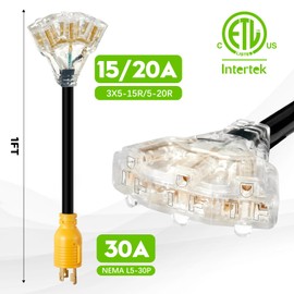 NEMA L5-30P Male to 3X 5-15R/5-20R Female Generator Distribution Adapter 3 Prong 30 Amp to 15 Amp/20Amp with Lighted Power Indicator,STW 10 AGW 1FT