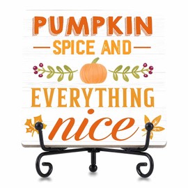 Fall Decor Everything Nice Pumpkin Wood Plaque Sign With Metal Stand for Women Men, Thanksgiving Decorations for Home Farmhouse Living Room Office Kitchen Shelf Table Bedside Decoration, 4 X 4 Inch