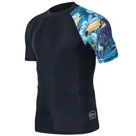 HUGE SPORTS Men's Splice Sun Protection Rash Guard Short Sleeves(HeyToucan,L)