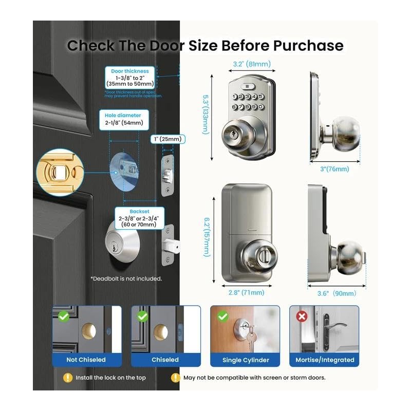 Veise Keypad Door Knob Lock, Keyless Entry Digital Lock with