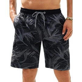 APTRO Men's Swimming Shorts Swim Trunks Board Shorts Quick Dry Summer Beach Shorts Leaves Black MK370 M