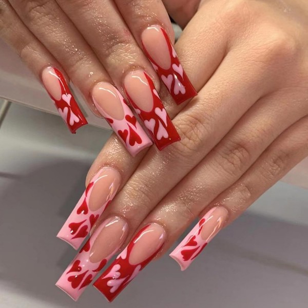 DOCVOEOMH Valentines Press on Nails Long Coffin Frech Red Pink
