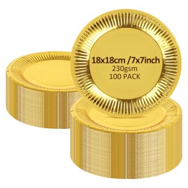 LOPYXBR 100PCS Gold Paper Plates, 7inch Golden Large Paper Plates, Round Gold Party Plates Table Decorations, Elegant Heavy Duty Gold Festive Paper Plates for Dinner, Wedding, Party, Birthday