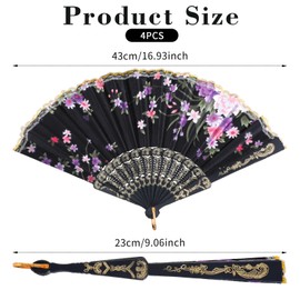 Grevosea 4 Pcs Floral Folding Fans, Vintage Handheld Lace Folding Fan Women Bamboo Fans with Tassel with Different Flower Patterns Fabric Fan for Weddings Dancing Parties and Cosplay
