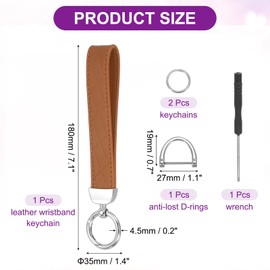 sourcing map Leather Wristlet Keychain Car Key Chain Wristlet for Women, 7 Inch Key Fob Holder with D Ring and 2 Key Ring for Keys Wallets Purse, Silver Tone/Brown