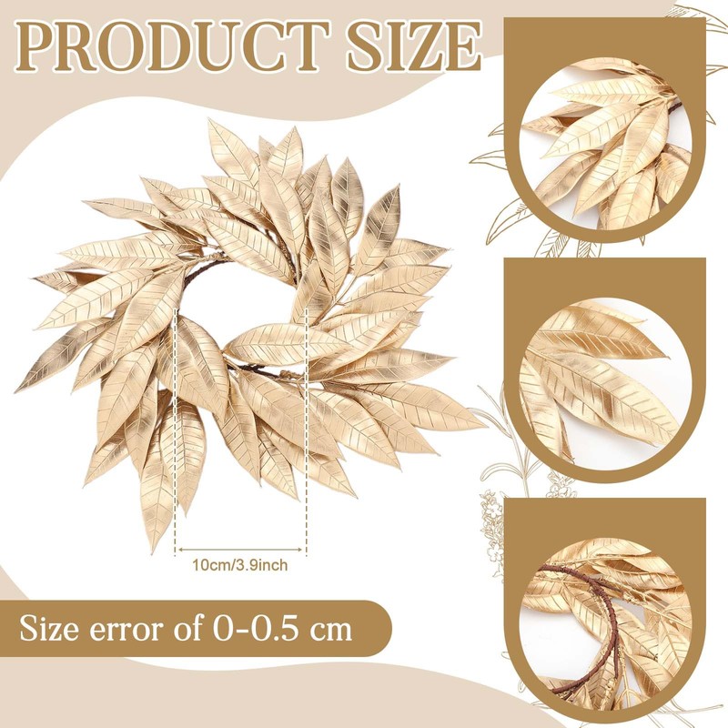 4 Pcs Christmas Artificial Gold Bay Leaf Candle Rings Gold