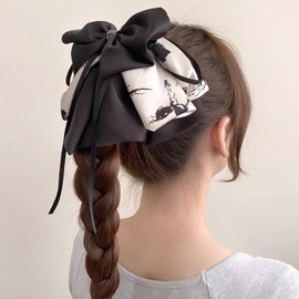 Rannyrena Large Chiffon Silk Hair Bow for Women Mesh Big Bows Hair Clips with Pearls Crystal Tulle Hair Barrettes Long Tail Bowknot Hair Accessories (Black and White)