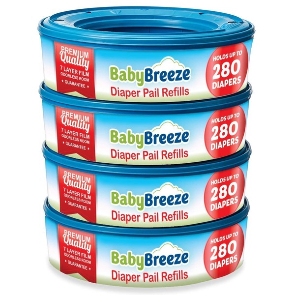BabyBreeze Diaper Pail Refill Bags Compatible with Playtex Diaper Genie Pails Odor Absorbing Diaper Disposal Trash Bags - 1120 Count (4-Pack)