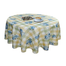YEESSION Checkered Tablecloth Floral Print 60 Inch Round Table Cover Stain Resistant and Waterproof Wine for Kitchen Dining Indoor Outdoor Buffet Tabletop Decoration (Green,Beige and White)