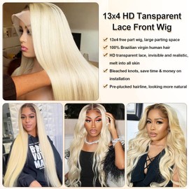 Ombre Blonde Lace Front Human Hair Wig 180% Density 1B613 Blonde Ombre 13x4 HD Undetectable Melted Lace Frontal Wigs for Black Women Straight Pre Plucked Bleached Knots Wigs with Dark Roots 18 Inch