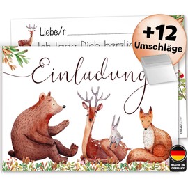 Olgs 12 x invitation cards Forest Animal Friends for children's birthday, fillable, including Envelopes – cute bear, deer, fox, rabbit