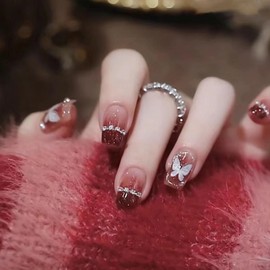 Short Nail Tips, Set of 24 Pieces, Fake Nails, Gradient, Red, Pearl, Butterfly, Skin Color, 3D Nail Stickers, Gold Foil, Nail Tips, Popular, Japanese Style, Cute, Simple, Fashionable Party, Autumn