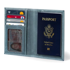Otto Angelino Genuine Leather Passport Holder RFID Blocking and Luggage Tag Unisex Blue