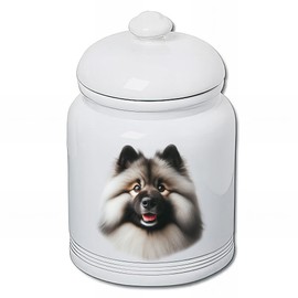 Best of Breed Keeshond Dog and Cat Ceramic Treat Jar 9" Tall Air Tight Seal All White