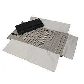Portable Jewelry Roll Untangled Secure Necklace Travel Storage Bag Displays Holder 16 Chain (Black PU and gray velvet)