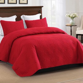 Whale Flotilla Soft California King Size Quilt Set for All Seasons, 3-Piece Ultrasonic Bedding Set, Lightweight Reversible Bedspread, Coverlet, Bed Cover with 2 Pillow Shams, Red