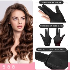 Geyoga 2 Pcs Heat Resistant Gloves for Hair Styling 3 Finger Barber Gloves Reusable Curling Wand Heat Protector for Hair Dye(Black)