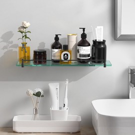 KOCOK Glass Bathroom Shelves for Wall,20-Inch Black Floating Glass Shelves for Bathroom Modern Stainless Steel Tempered Glass Shelf Wall Mount Accessories