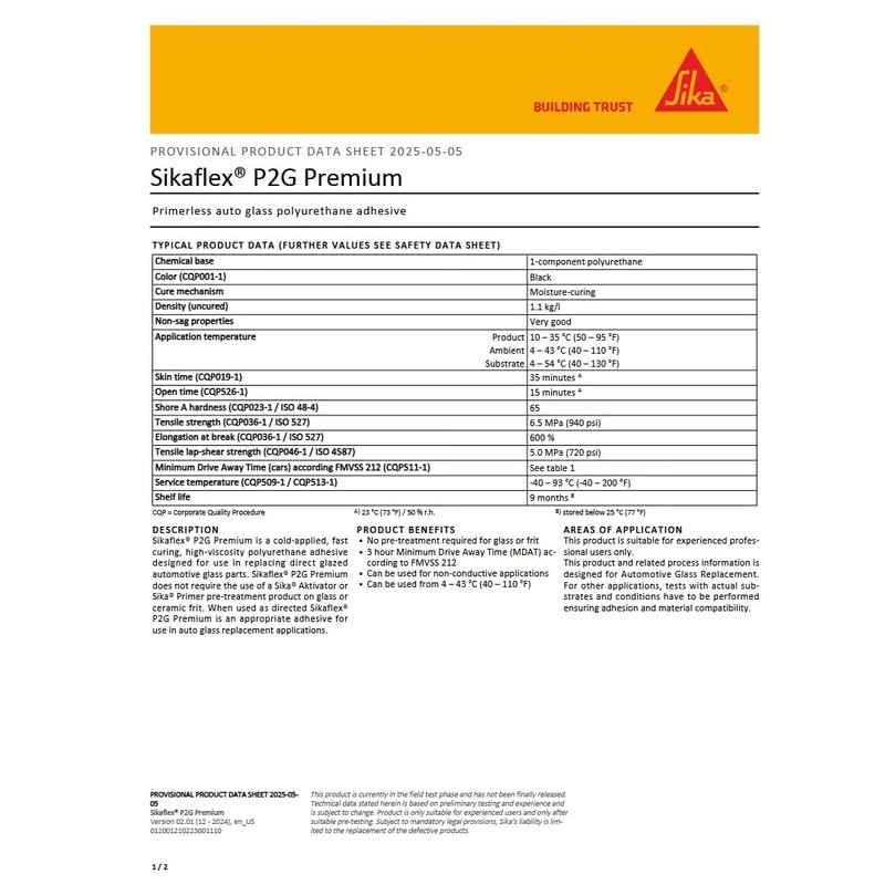 Sika Sikaflex P2G Premium Primerless Automotive Windshield/Auto Glass Urethane Adhesive