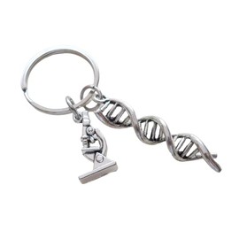 JewelryEveryday DNA Molecule Double Helix Keychain with Microscope Charm, Science Keychain, Graduate Student Keychain