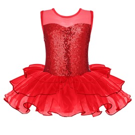 Zaclotre Ballet Leotards for Girls Sleevesless Mesh Sequin Toddler Tutu Dress Dance Costume Ballerina Outfits Red 8-9Years