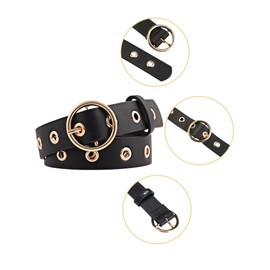 sourcing map Women Grommet Studded Single Pin Buckle Leather Belt 28mm Width 1 1/8 Black