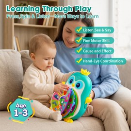 1 Year Old Boy Gifts, Interactive Musical Penguin Toy with Spinning Lights & Sounds,Spanish English Bilingual Talking Learning Toys with 5 Themes & 50 Words, First Birthday Gift for Toddlers 1-3