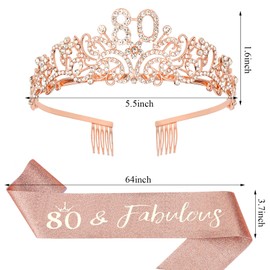 Exipsat Birthday Crown Sash 80 Birthday Woman 80 and Fabulous Sash and Rhinestone Tiara Set, 80th Birthday Tiara, Birthday Sash for Women, Rose Gold Birthday Party Supplies