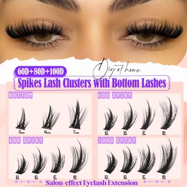 Volume Lash Clusters Spikes Cluster Eyelash Extensions 60D 80D 100D Thick Spiky Individuals Lashes 5-19mm Mega Wispy Eyelash Extension Fluff DIY D Curly Lash Extension with Bottom Lashes 296Pcs