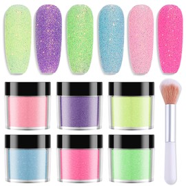 Furtherpretty Sugar Glitter Nail Powder Set, 6 Colors Extra Fine Pink Blue Yellow Nail Pigment Dust, Dipping Powder for Sugar Effect, Nail Art Decoration with Brush, Efecto Azúcar para Uñas Acrílicas