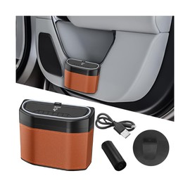 Sandfren Car Trash Can with Lid, Leakproof Mini Vehicle Garbage Container Bin with LED Light, Auto Interior Front Back Seat Storage Organizer Dustbin, Universal for SUV, Sedan, Truck(Orange)