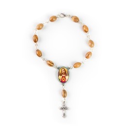 Olive Wood Car Rosary For Rearview Mirror From The Holy Land Of Bethlehem - Auto Rosary With Jesus Sacred Heart (Red) Medal & Crucifix Cross Charm - 7" Pocket Rosary Beads For Hanging