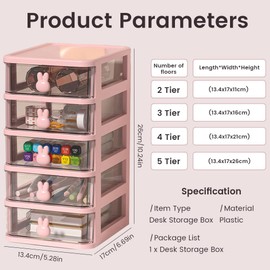 Glomora 4-Tier Desk Storage Box, Transparent Plastic Organizer with Bunny Handles, Large Capacity Multi-Level Drawer for Books, Pens, Office Supplies, Perfect for Home, Office, or Study
