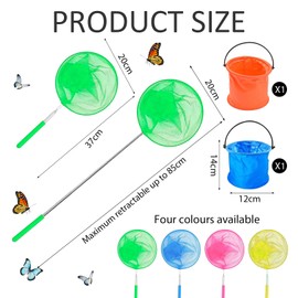 4 Stück Kescher Kinder, Teleskop Schmetterlingsnetz mit 2 Faltbarer Eimer, Teichnetz, Strand, Fangnetz, Insekten Netz, Outdoor Ideal zum Fangen von Insekten Bugs Fische Angeln Teich Pool Garten