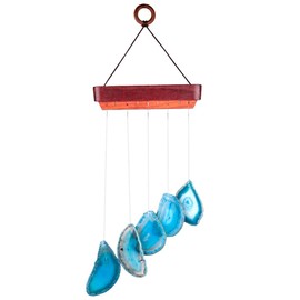 SUNYIK Handmade Natural Agate Slice Wind Chime for Garden Home Decor Window Ornament, Crossbar Wood, Blue, 13-19 Inches