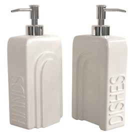 Karisky Soap Dispenser Set with Stainless Steel Pump, 2 Pack Ceramic Refillable Dish Soap and Hand Soap Dispenser for Kitchen, Bathroom, Matte White
