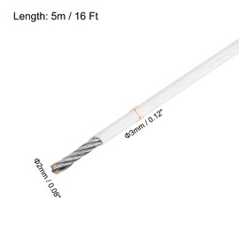 sourcing map 16Ft(5M) Wire Rope 304 Stainless Steel Cable 1/8"(3mm) Vinyl Coated with 2pcs Aluminum Sleeves for Hanging, Clotheslines, Lifting White