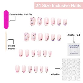 3D Press on Nails Short Almond SWEKKE Embossed Fake Nails Cute False Nails with Floral Daisy Designs Full Cover Nude Glossy Glue on Nails Acrylic Nails for Women Girls 24Pcs