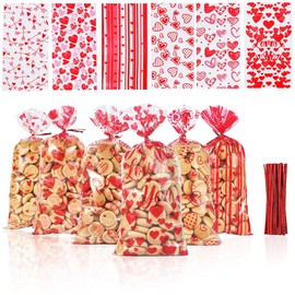 100Pcs Valentine Sweet Bags, Red Love Heart Bags with Twist Ties, Cellophane Bags for Valentine Day Decorations, Sweet Gift Bags for Wedding Anniversary Party Favor