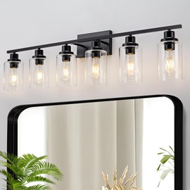 HCCZ 6 Light Bathroom Light Fixtures Black Vanity Light Over Mirror Modern Farmhouse Wall Lighting Sconces Wall Lamp for Bathroom, Bedroom, Living Room E26 Socket with Glass Shade