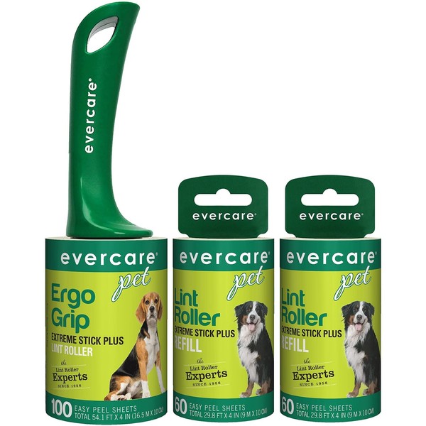 Evercare Pet Hair Extra Sticky Lint Roller with 2 Refills, New Ergo Grip, 220 Total Sheets (220 Sheets) (220 Sheets)