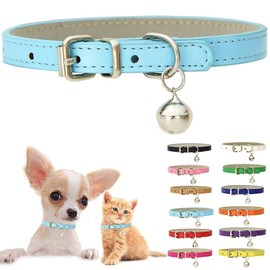 Blue XXS Dog Collar with Bell, Soft Pu Leather Cat Collars Adjustable Buckle for XS Extra Small Medium Tiny Female Male Boys Girls Pets Puppy Kitten Teacup Yorkie XX-Small
