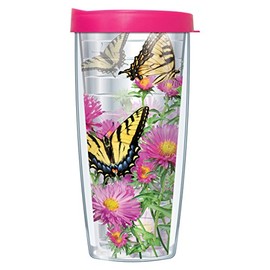 Signature Tumblers Tiger Swallowtail Butterflies on Pink Daisies Wrap on Clear 16 Ounce Double-Walled Travel Tumbler Mug with Hot Pink Easy Sip Lid