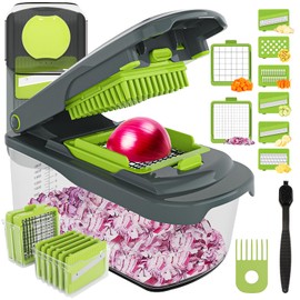 Ourokhome Vegetable Chopper Onion Chopper with Container, Multifunctional Food Chopper Veggie Dicer Mandolin Slicer with 8 Blades for Potato, Tomato, Carrot, Essential Kitchen Gadgets (8 in 1, Gray)