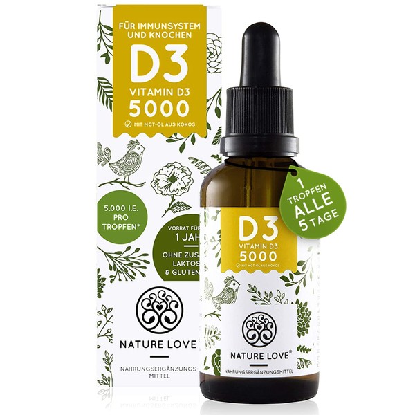 NATURE LOVE® Vitamin D3 5000 (50 ml Liquid) - Laboratory Tested 5000 IU. (125 μg) Per Drop - in MCT Oil from Coconut - High Quality: Very High Stability - High Dosage, Produced in Germany