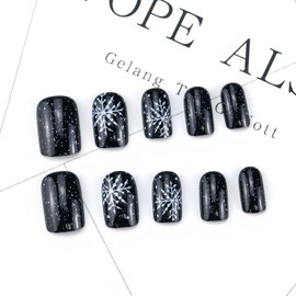 FULANSI Christmas Press on Nails Short Square Fake Nails with Black Glitter Snowflake Designs Glossy Acrylic False Nails Full Cover Glue Stick on Nails for Women Xmas New Years Decor 24 Pcs