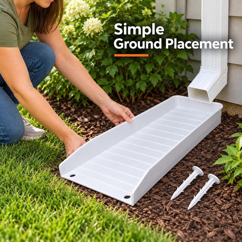 Rainwater Gutter Downspout Splash Block – White Ribbed PP Plastic
