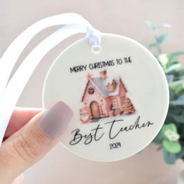 Christmas Teacher Decoration 2024. Merry Xmas To The Best Teacher. Pink Gingerbread Cute House Ceramic Round Disc Ornament. Christmas Bauble.