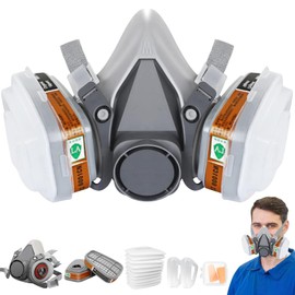 LAMANICE Half Face Respirator with 10Pcs Filter Cottons and Earplug, for Paint, Dust, Formaldehyde, Sawing, Welding, Woodworking, Organic Vapors, Chemicals (Grey)
