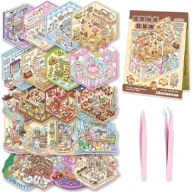 20 Sets DIY 3D House Sticker Scene Kit Cute Cartoon Scenery Stickers with 30 PET Stickers 20 Miniature Cabins and 2 Tweezers for Stress Relief and Passing The Time